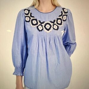 NWT NAUTICA, LOVE NOT BLUE PLEATED PINSTRIPED COTTON TOP SIZE L